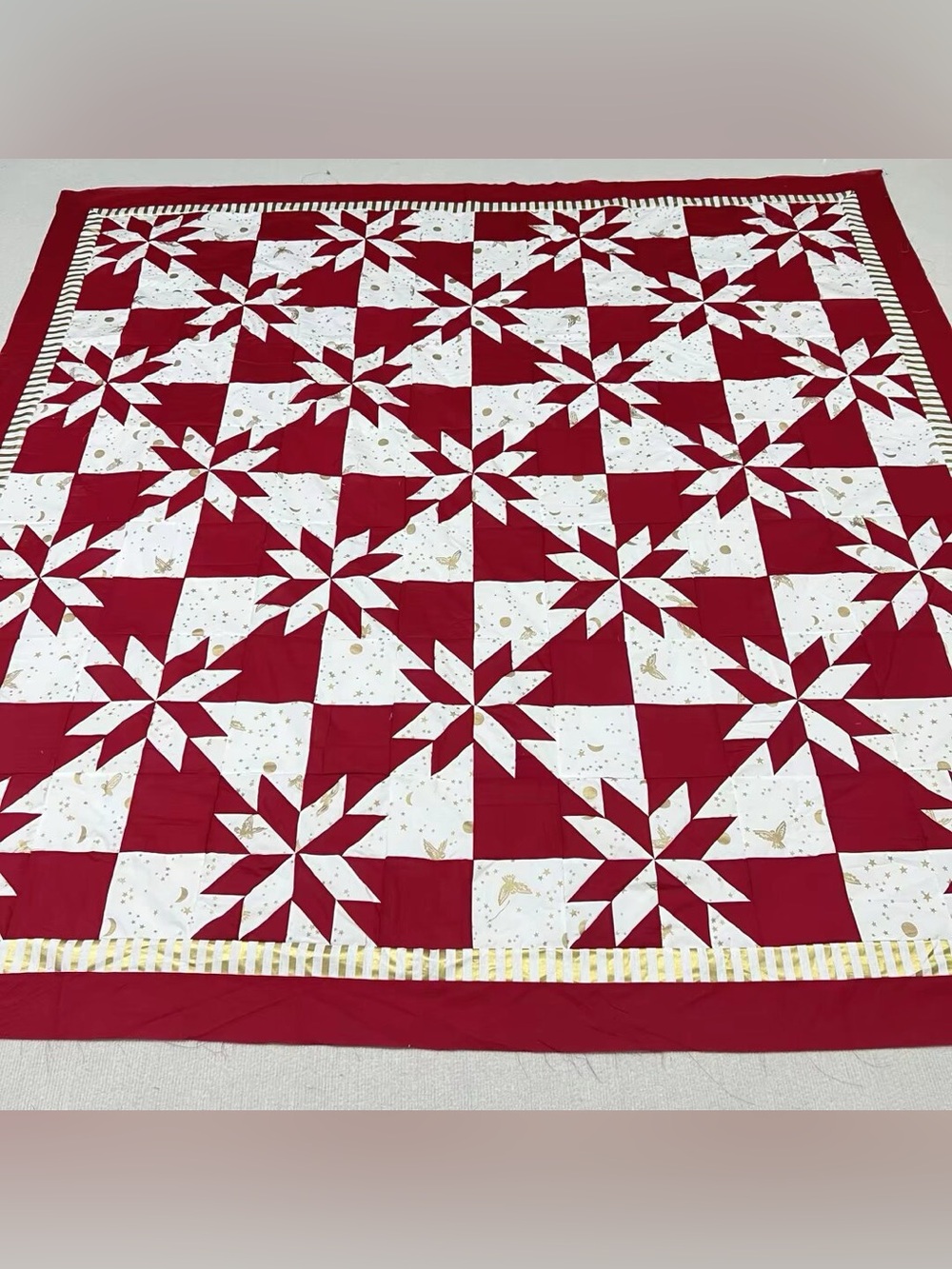 Stars in the Trellis Amish Sewing Patchwork Queen size Cotton Quilt Top/Topper